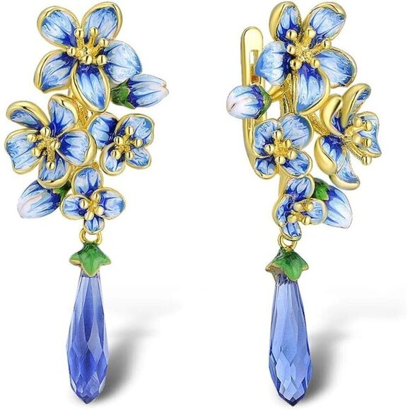 Women Blue Santuzza Sterling Silver Gemstone Enamel Flower Earrings - Picture 1 of 6
